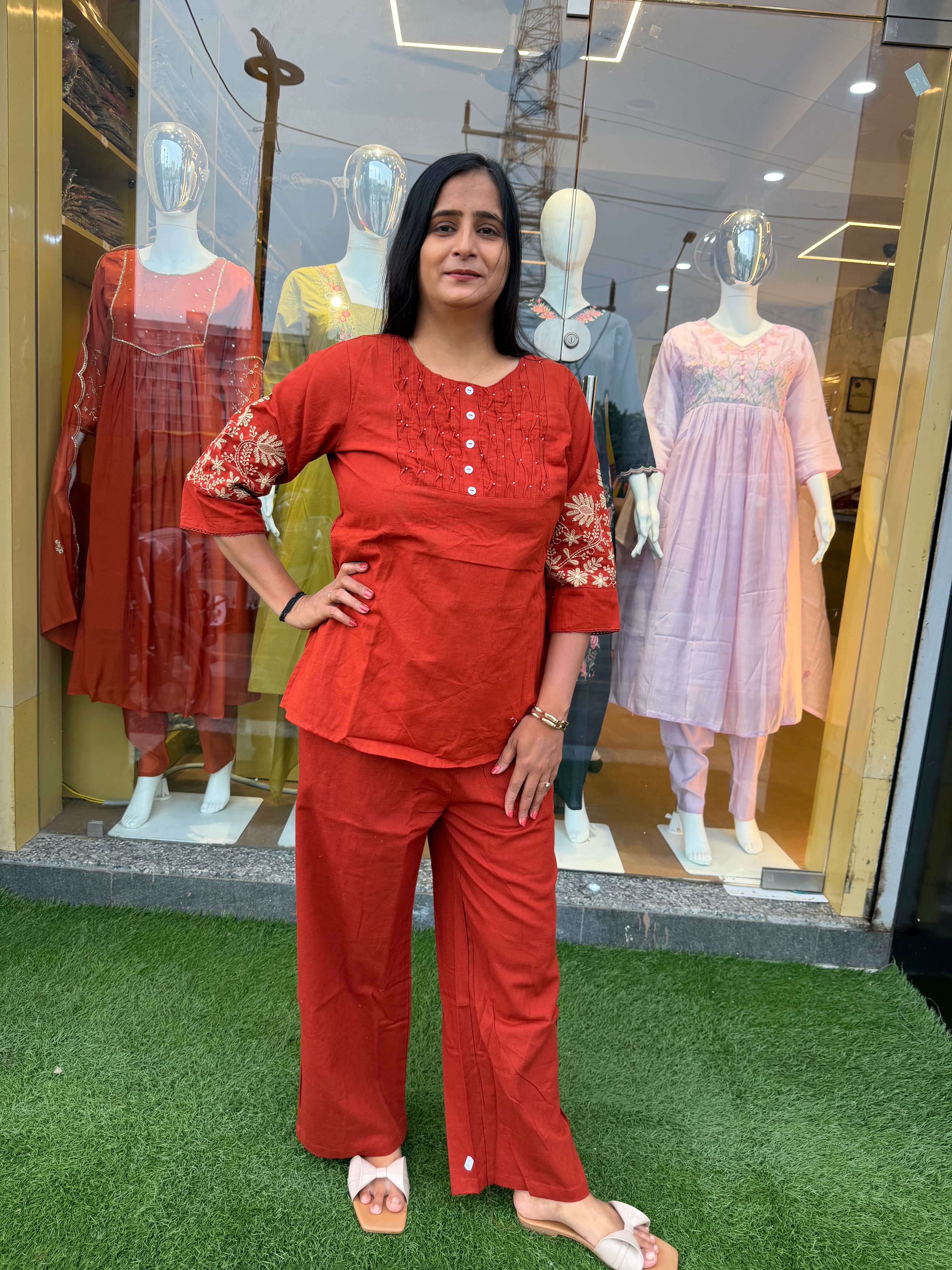 Embroidered Stylish Sleeves Cotton Co-Ord Set
