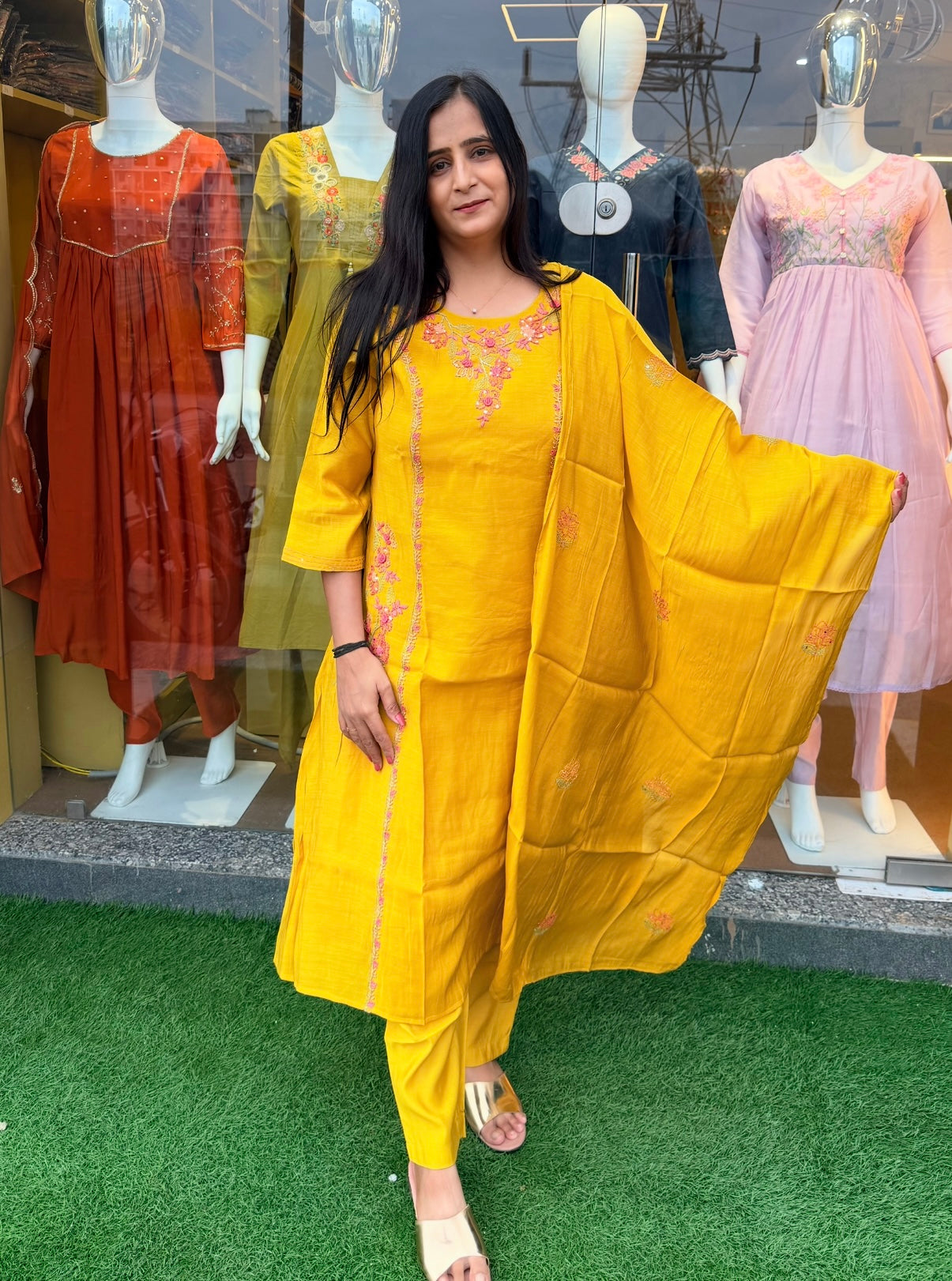 Mustard Yellow Embroidered  Suit Set with Dupatta
