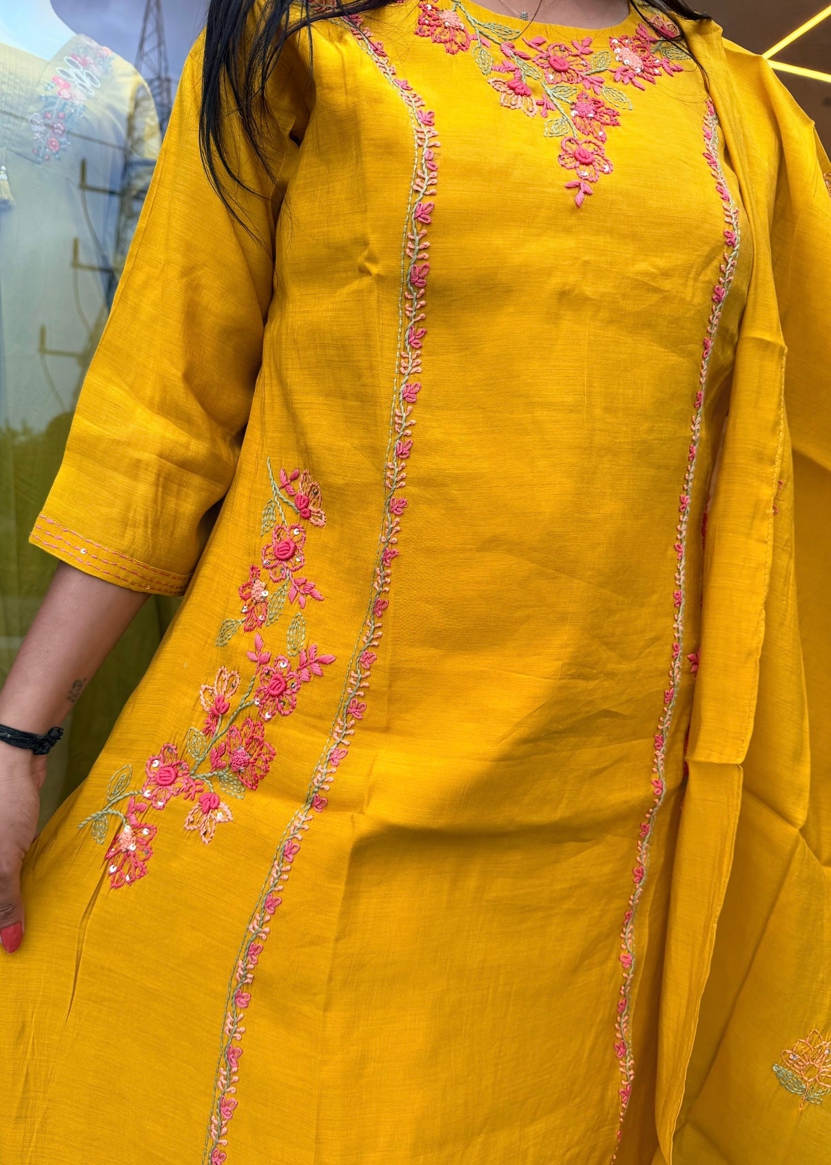 Mustard Yellow Embroidered  Suit Set with Dupatta