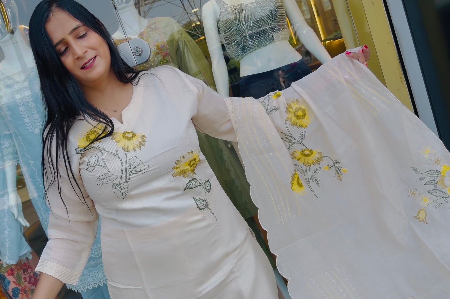 Sunflower Bloom Embroidered Kurta Set With Dupatta Work