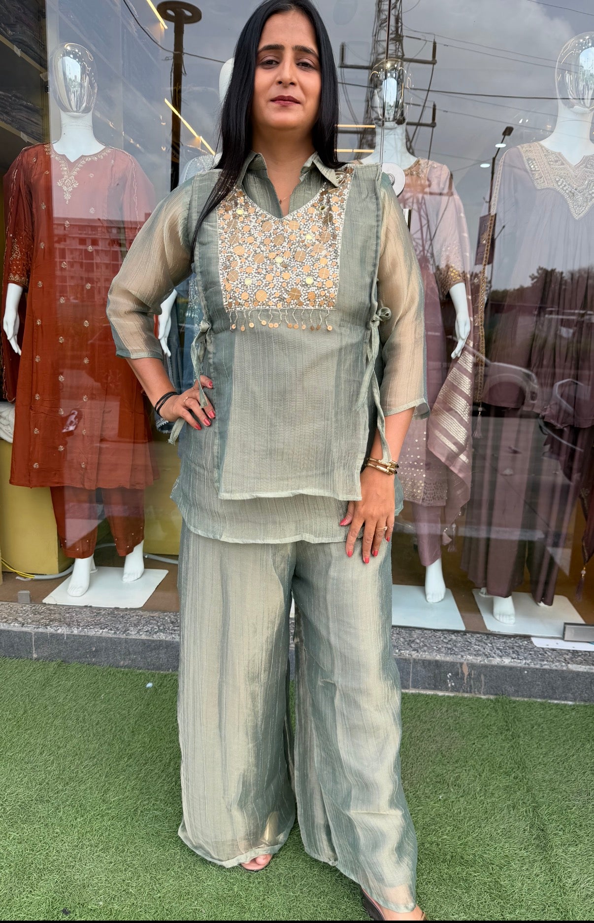 Sage Bloom Embellished Salsa Fabric With Inner Co-Ord Set