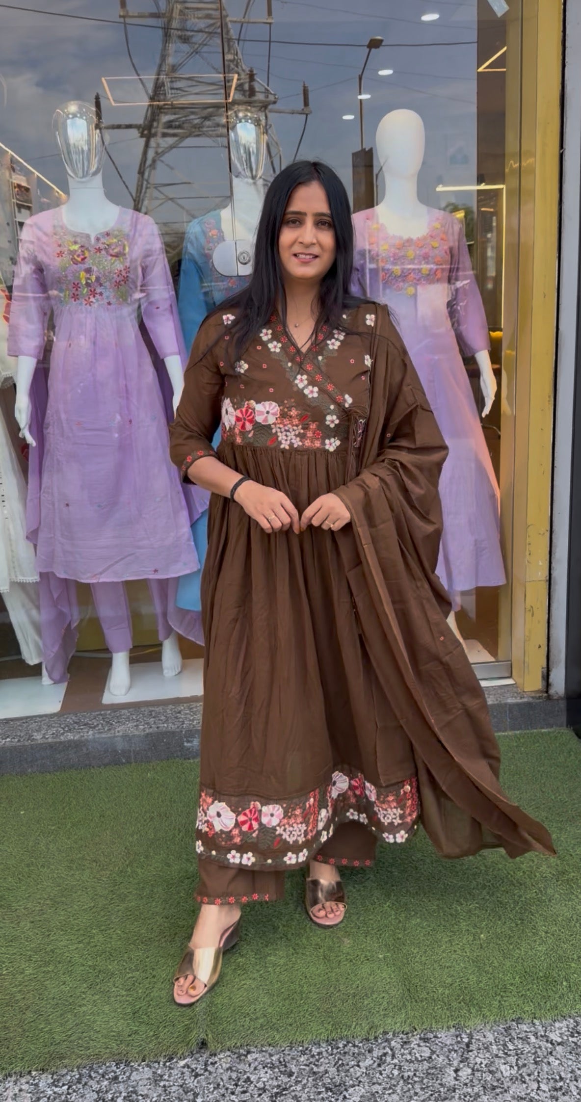 Chocolate Blossom Floral Anarkali Suit Set
