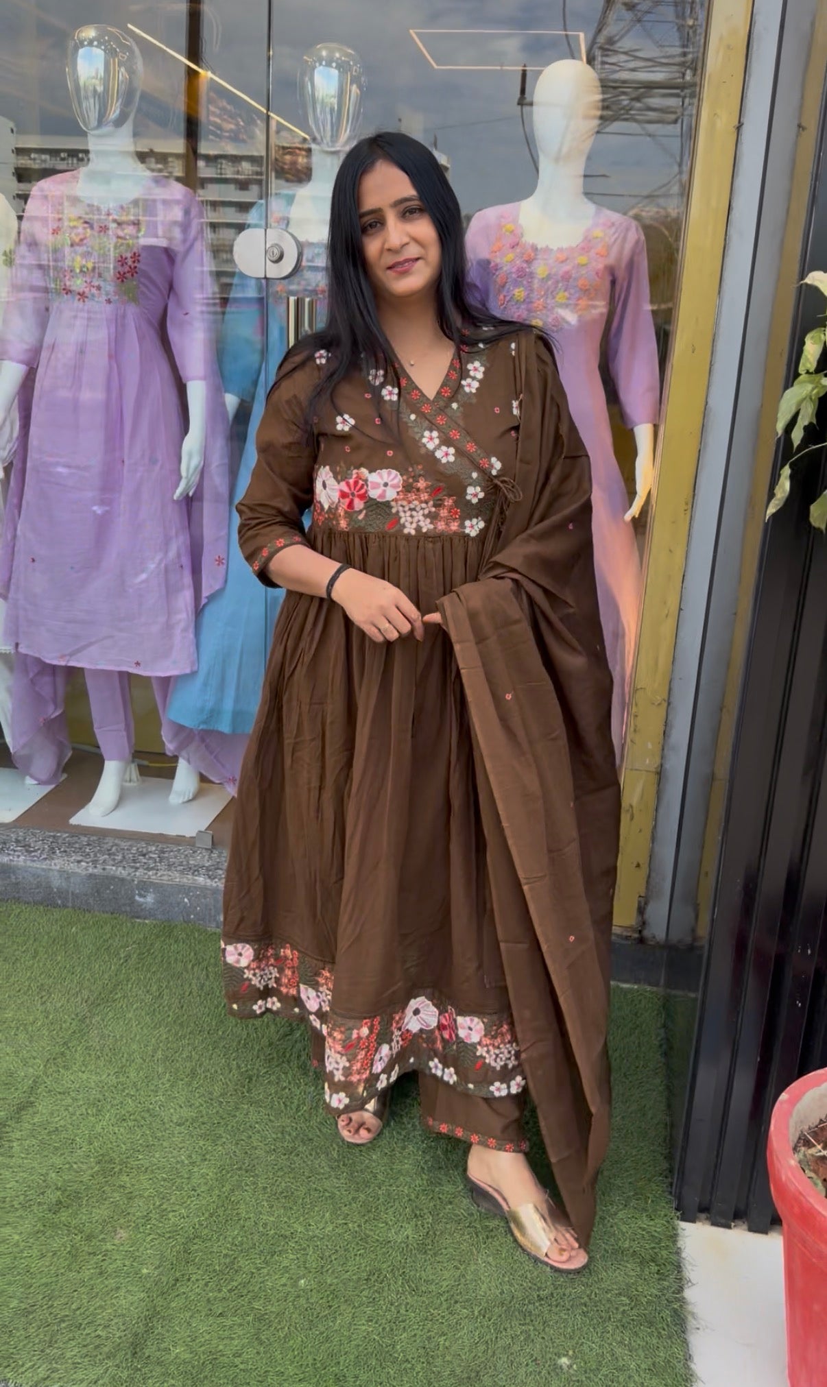 Chocolate Blossom Floral Anarkali Suit Set