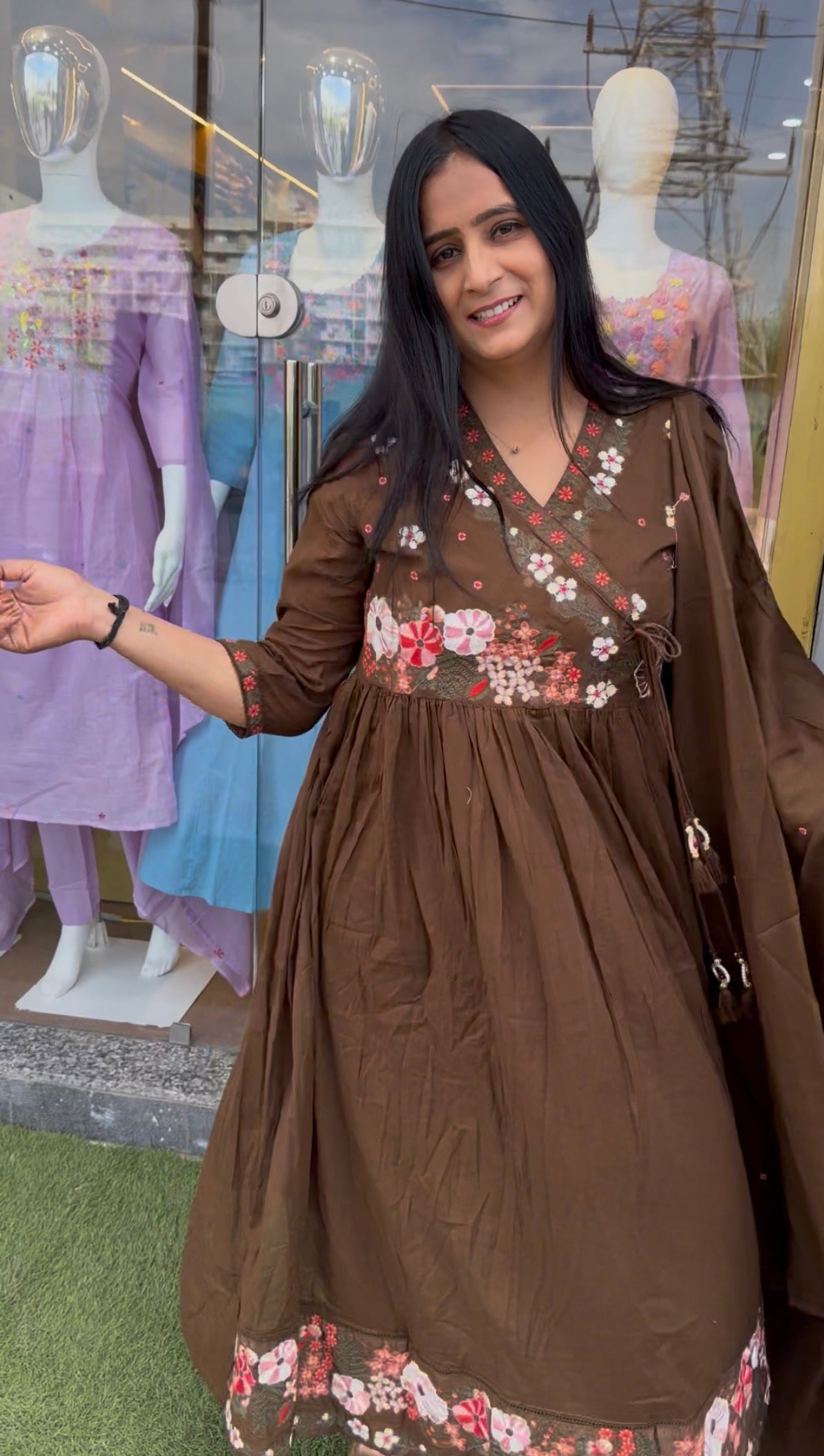Chocolate Blossom Floral Anarkali Suit Set
