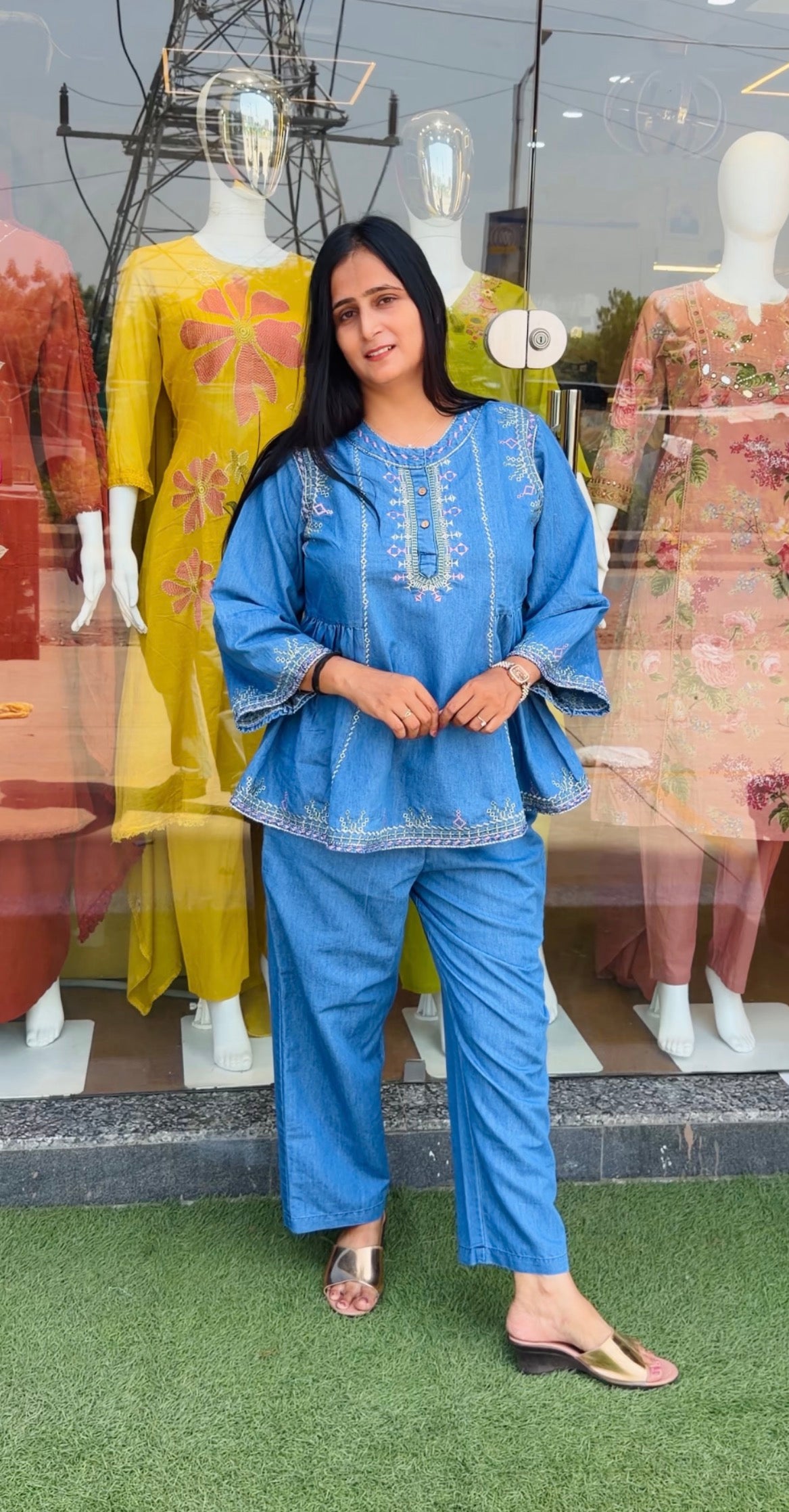Azure Denim Bloom Embroidered Co-Ord Set
