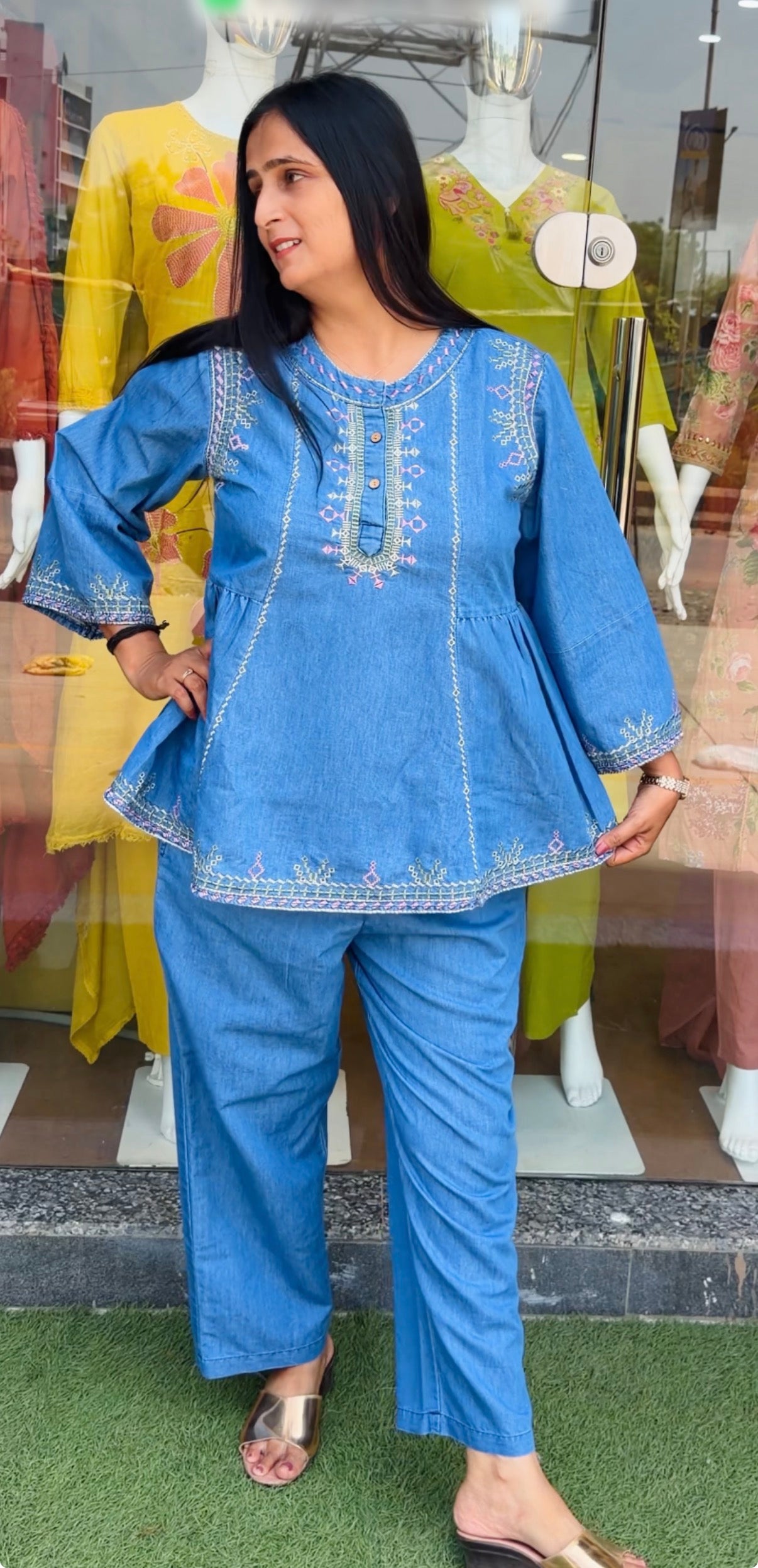 Azure Denim Bloom Embroidered Co-Ord Set
