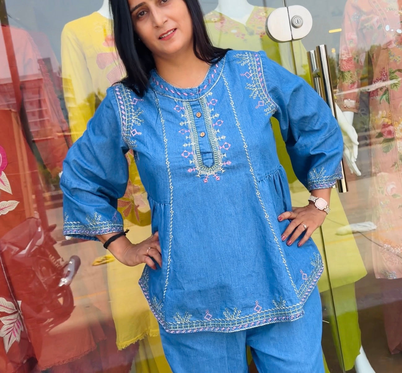 Azure Denim Bloom Embroidered Co-Ord Set
