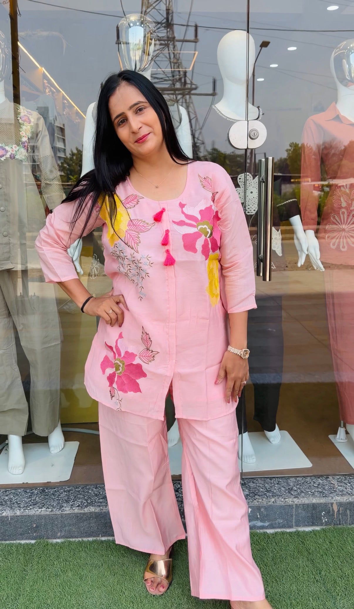 Pink and Blue Petal Bloom Embroidered Co-Ord Set