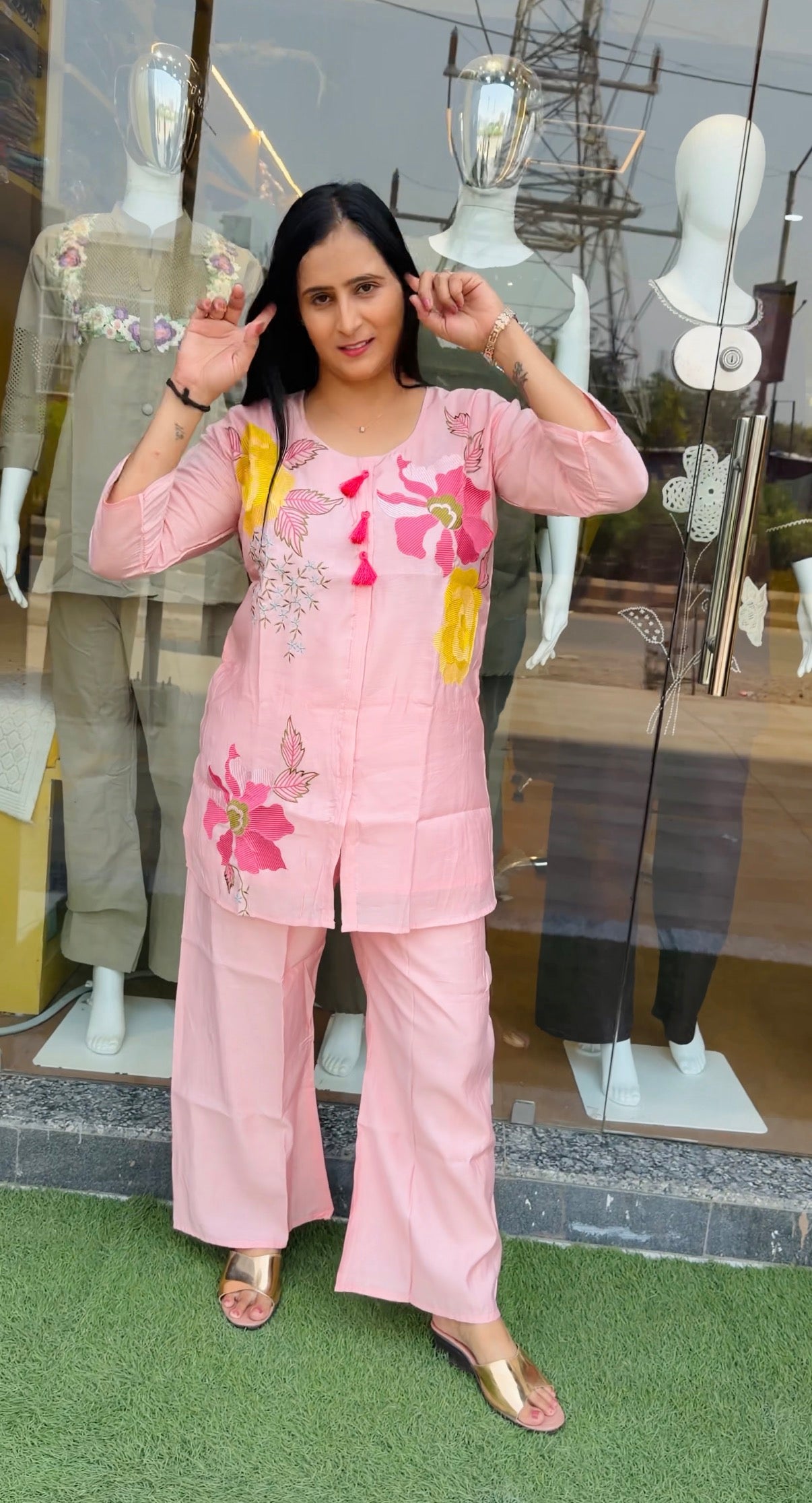 Pink and Blue Petal Bloom Embroidered Co-Ord Set