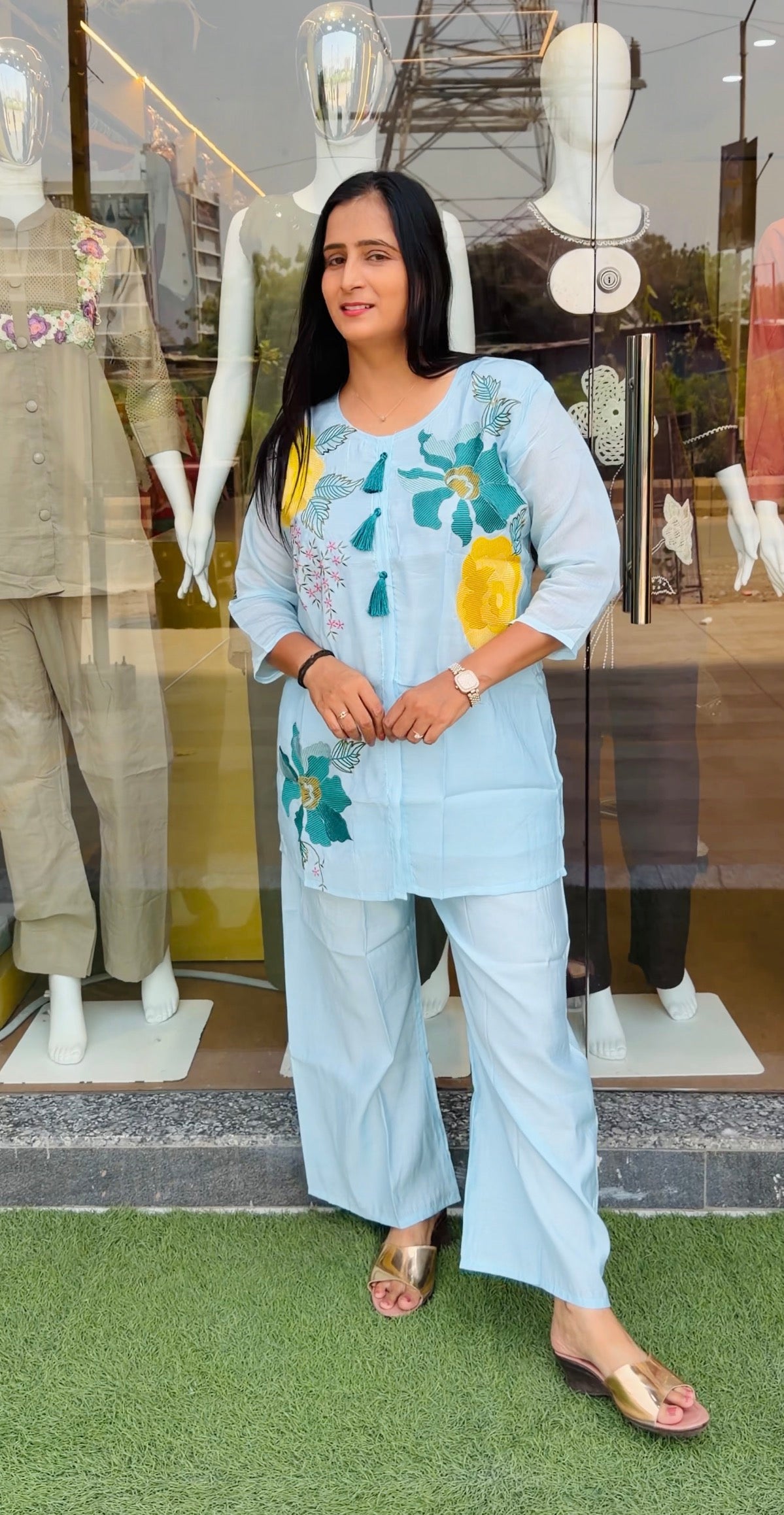 Pink and Blue Petal Bloom Embroidered Co-Ord Set
