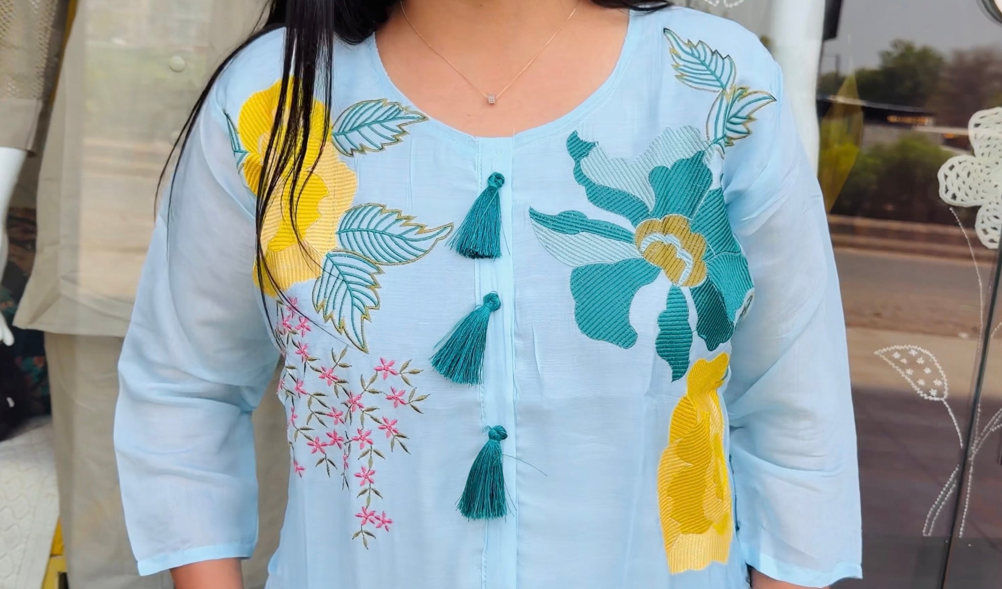 Pink and Blue Petal Bloom Embroidered Co-Ord Set