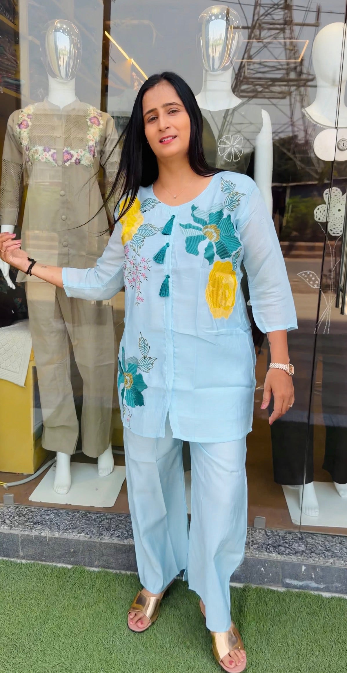 Pink and Blue Petal Bloom Embroidered Co-Ord Set