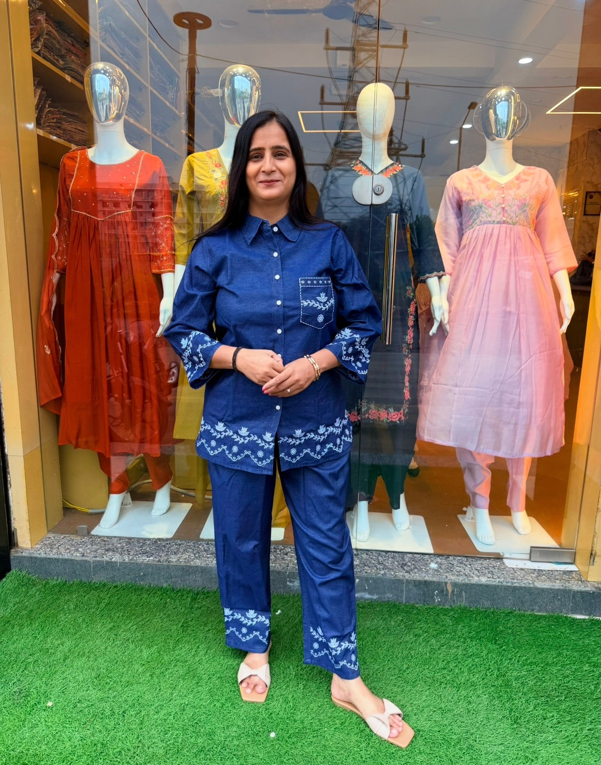 Indigo Bloom Denim Embroidered Co-Ord Set