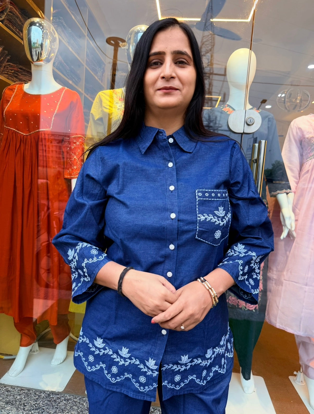 Indigo Bloom Denim Embroidered Co-Ord Set