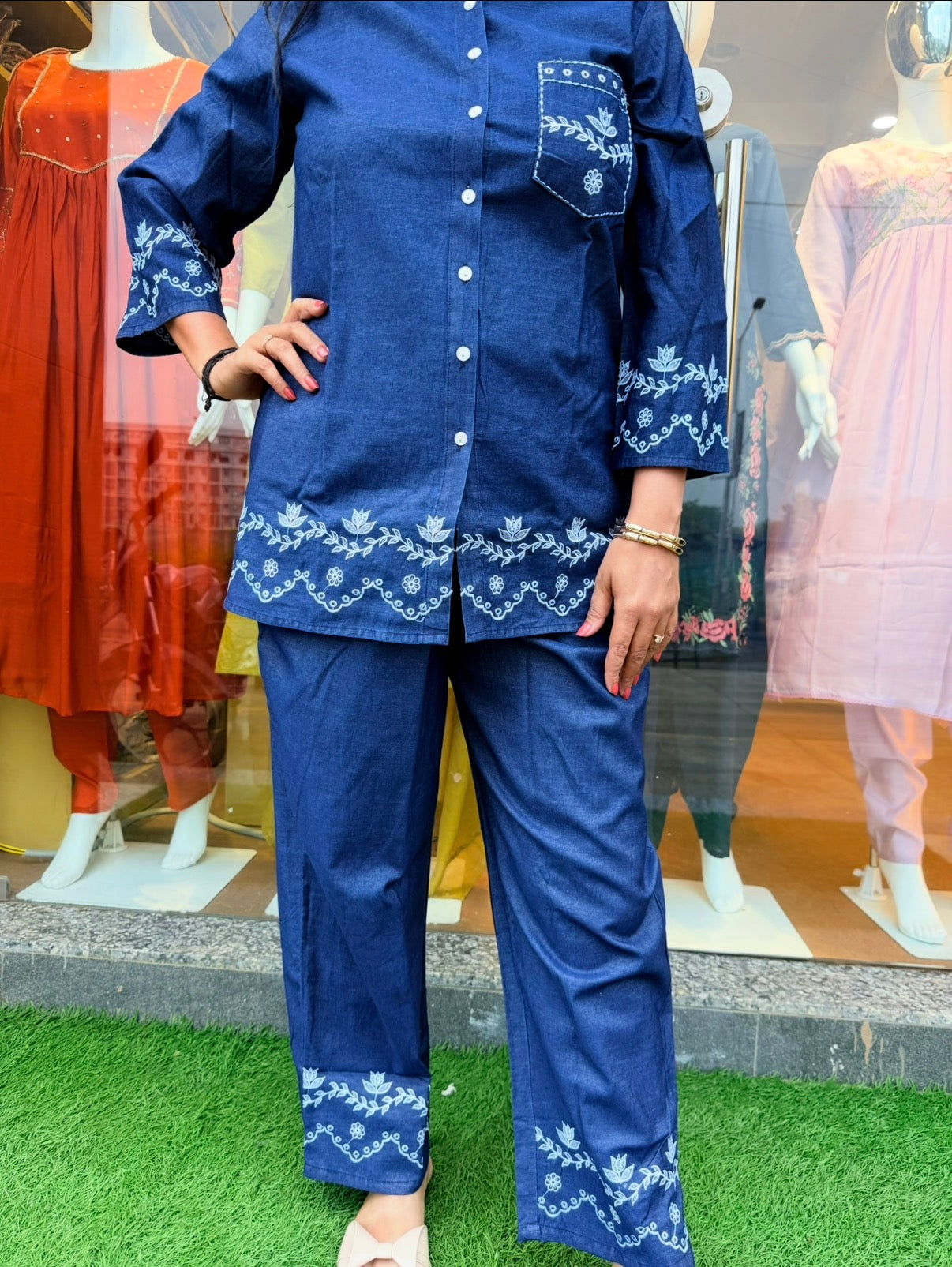 Indigo Bloom Denim Embroidered Co-Ord Set