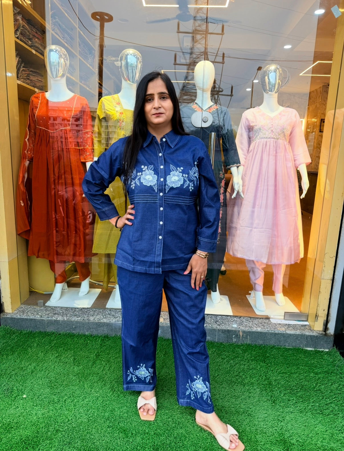 Denim Bloom Embroidered Co-Ord Set