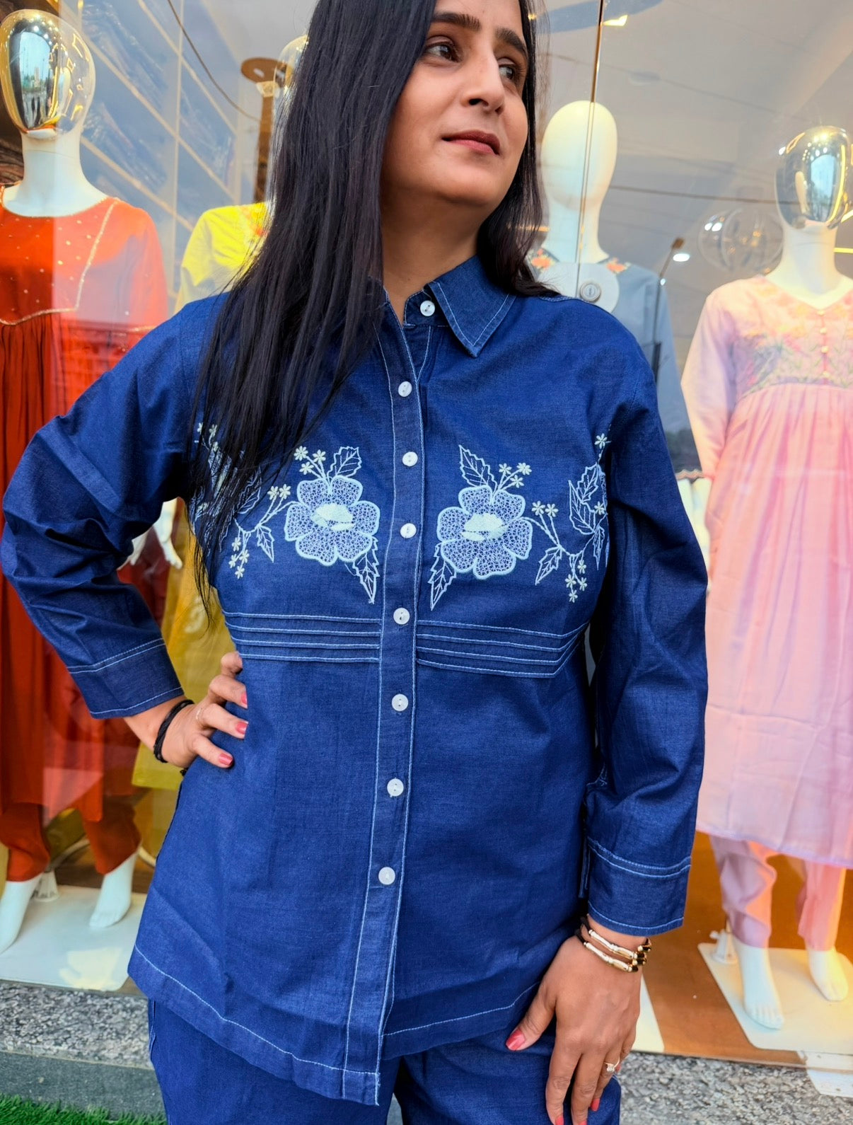 Denim Bloom Embroidered Co-Ord Set