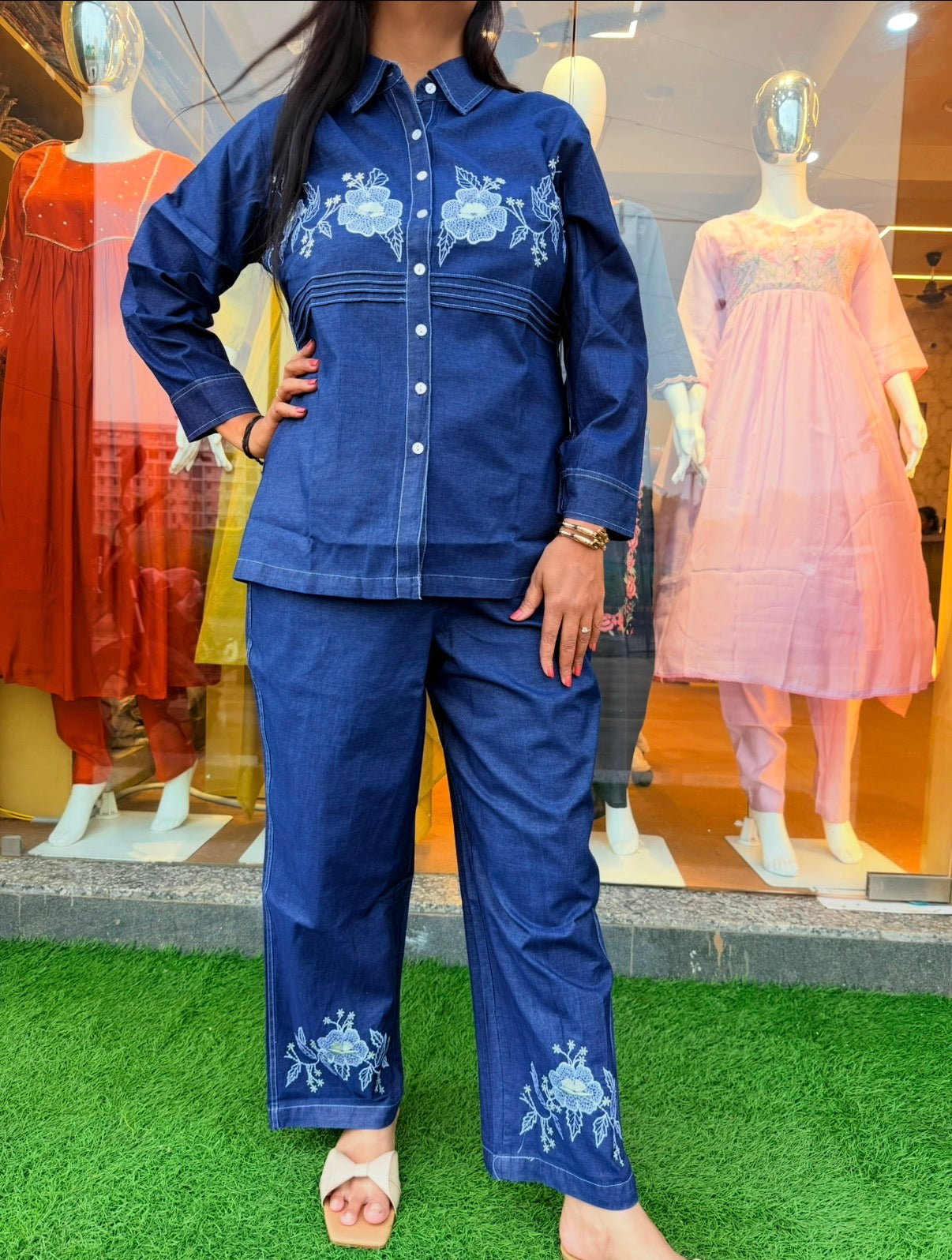 Denim Bloom Embroidered Co-Ord Set