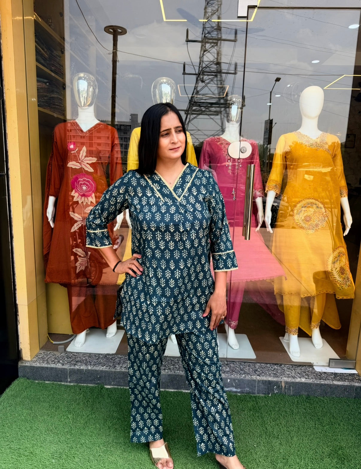 Teal Printed V-Neck Co-Ord Set