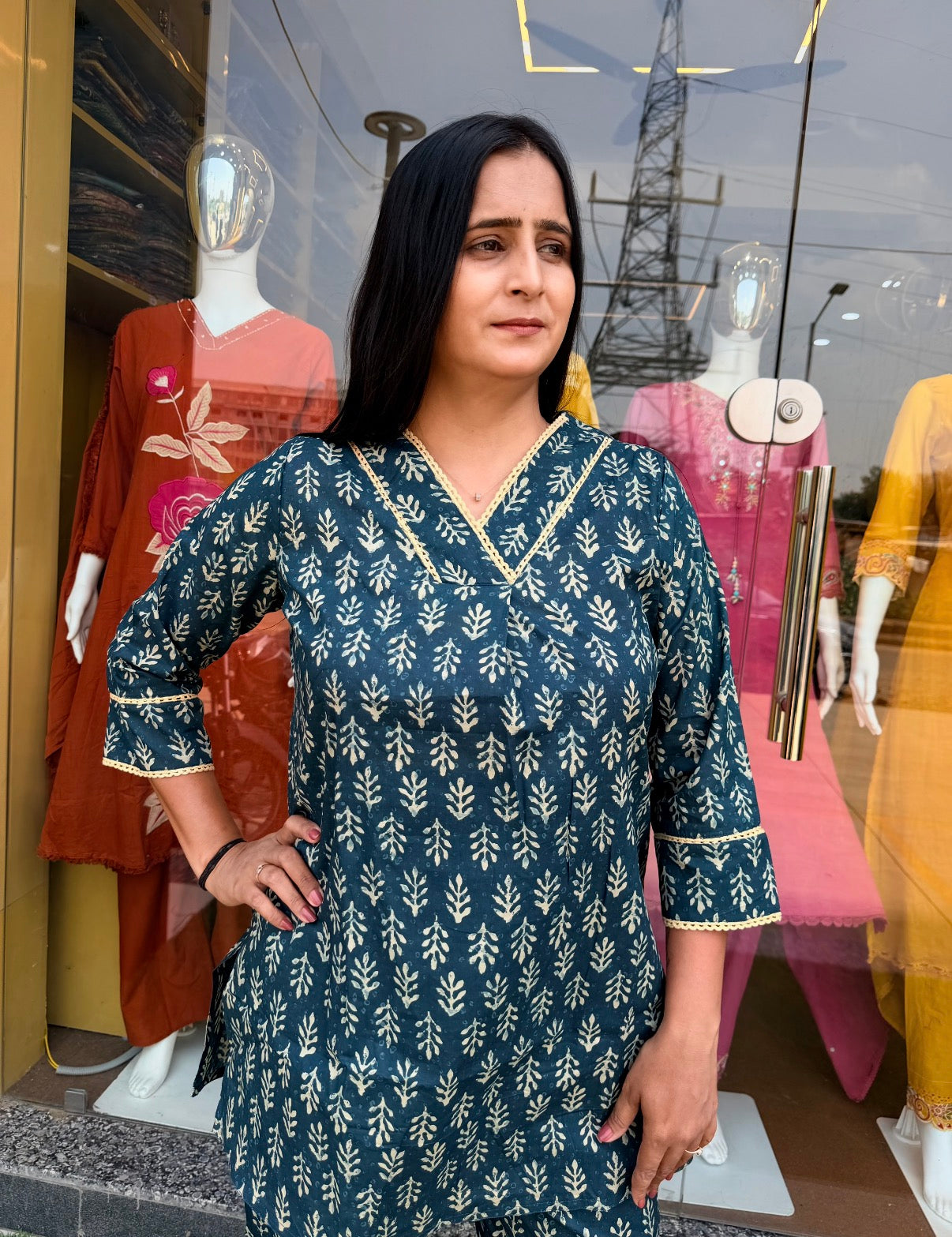 Teal Printed V-Neck Co-Ord Set