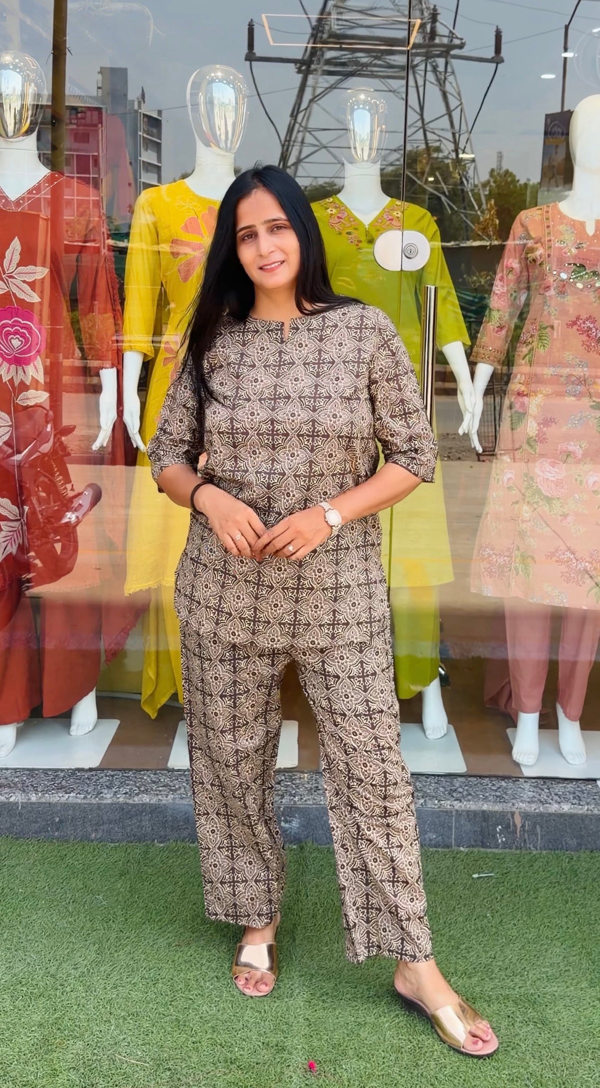 Elegant Light Brown and Blue Printed Kurta & Pants Set