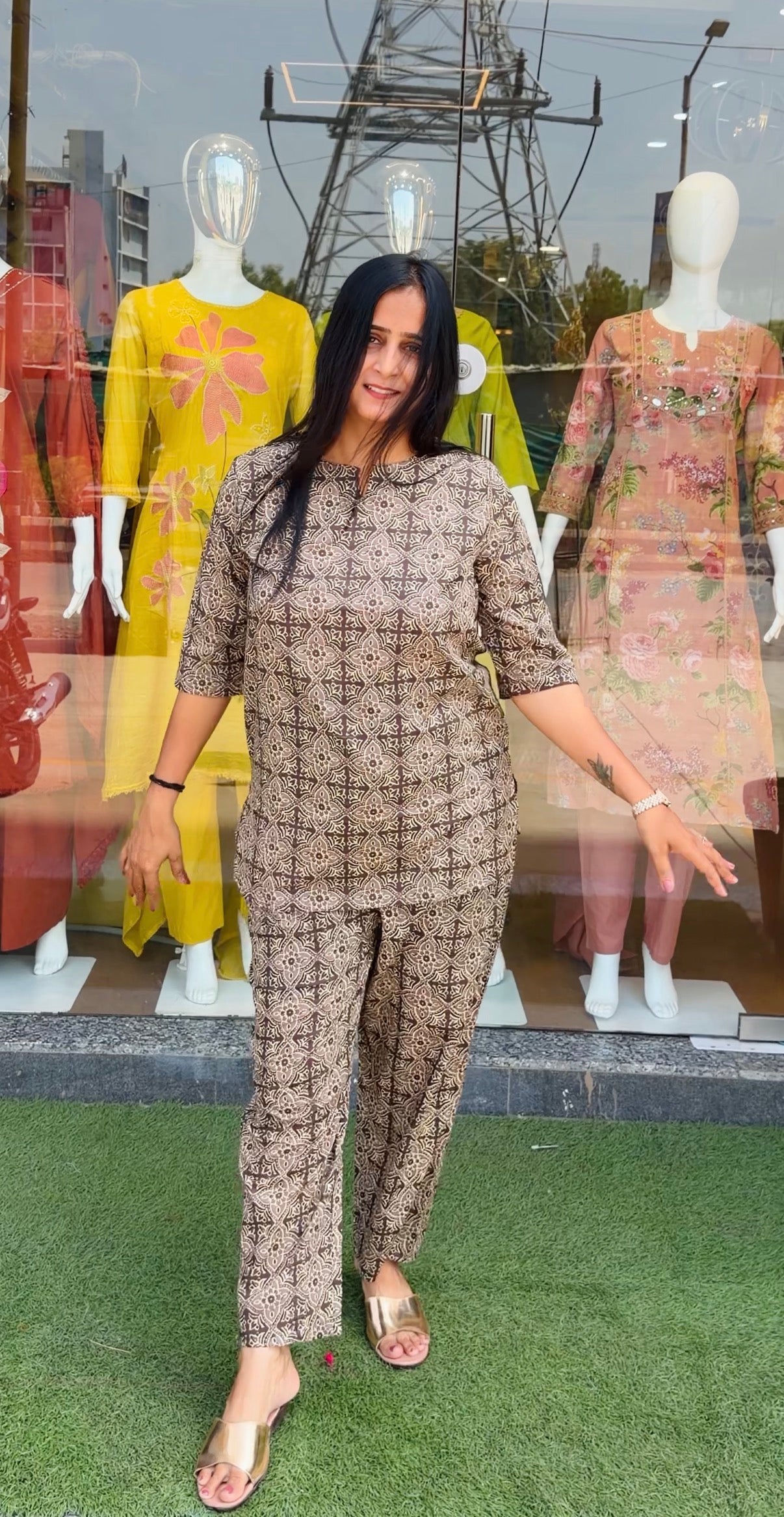Elegant Light Brown and Blue Printed Kurta & Pants Set