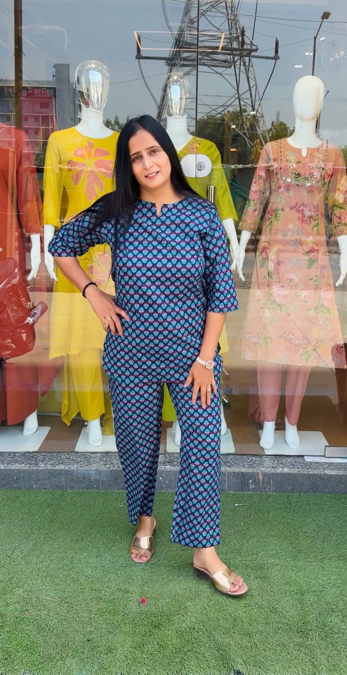 Elegant Light Brown and Blue Printed Kurta & Pants Set