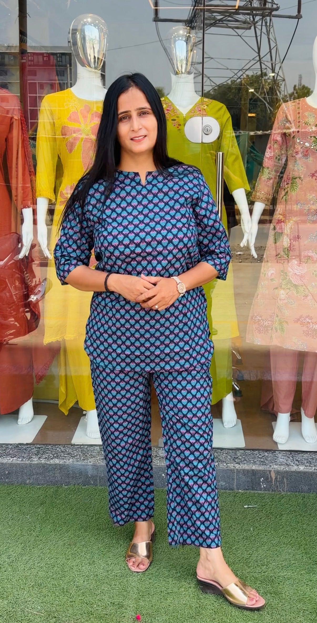 Elegant Light Brown and Blue Printed Kurta & Pants Set