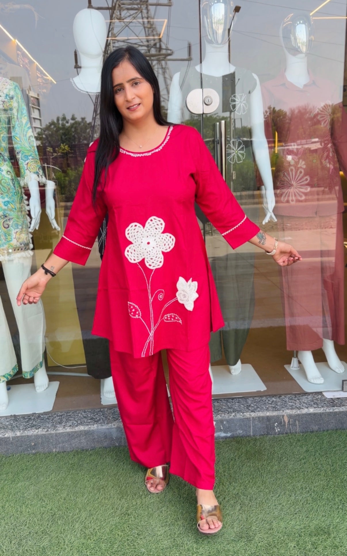Fuchsia Floral Embroidered Kurta Pant Set