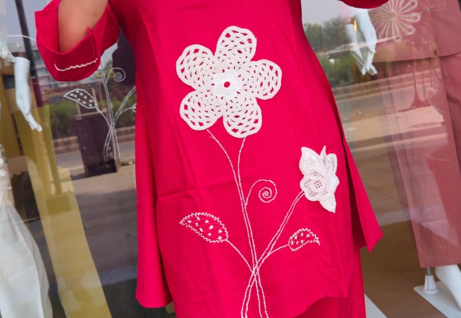 Fuchsia Floral Embroidered Kurta Pant Set