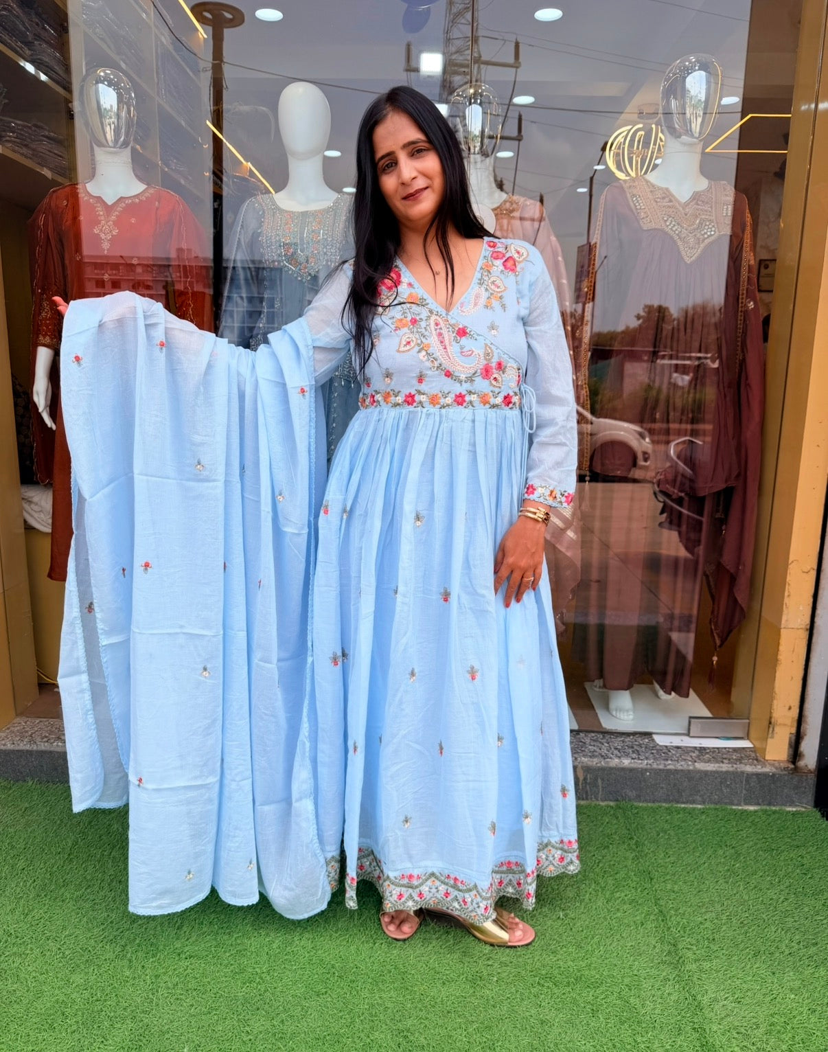 Sky Blue Floral Embroidered Anarkali Set