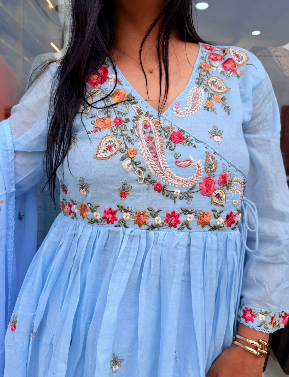 Sky Blue Floral Embroidered Anarkali Set