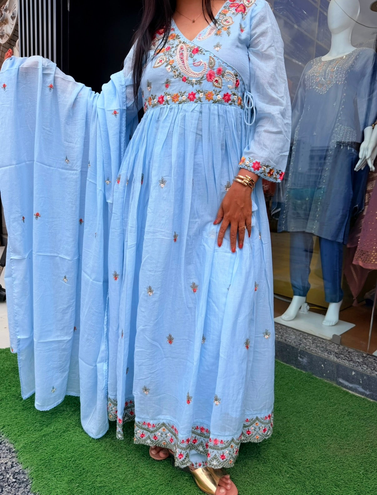 Sky Blue Floral Embroidered Anarkali Set