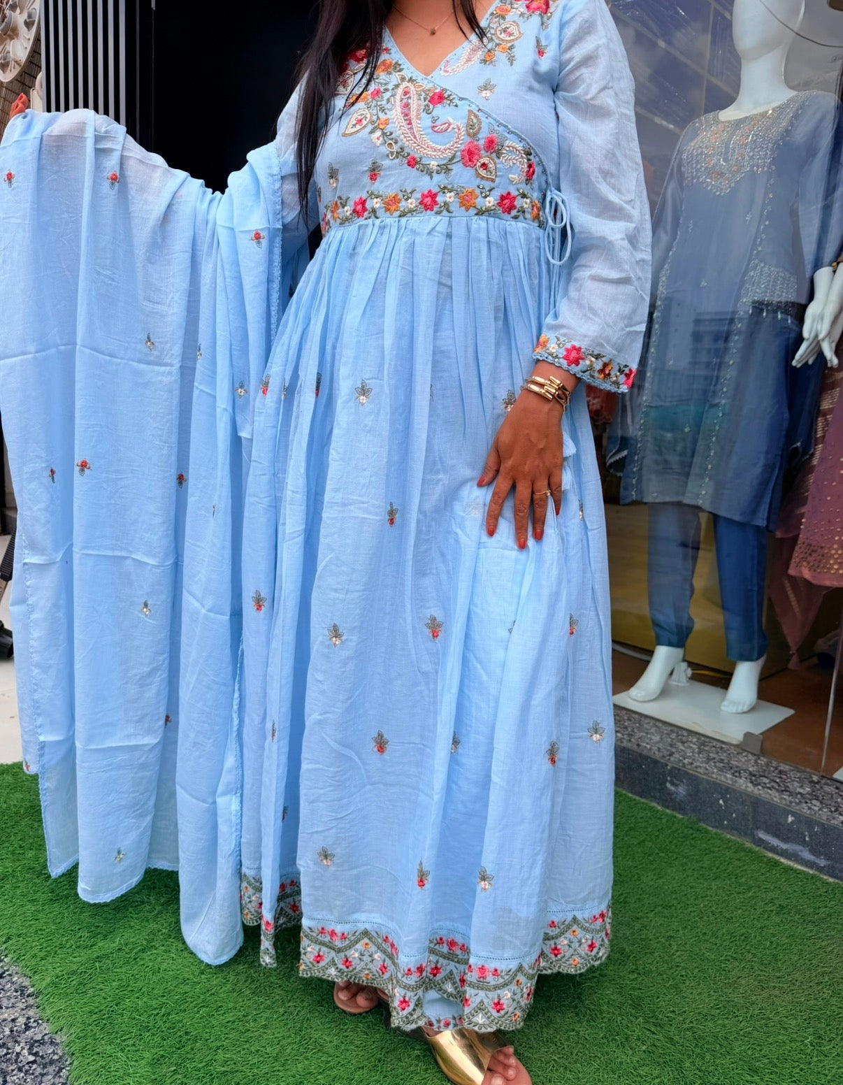 Sky Blue Floral Embroidered Anarkali Set