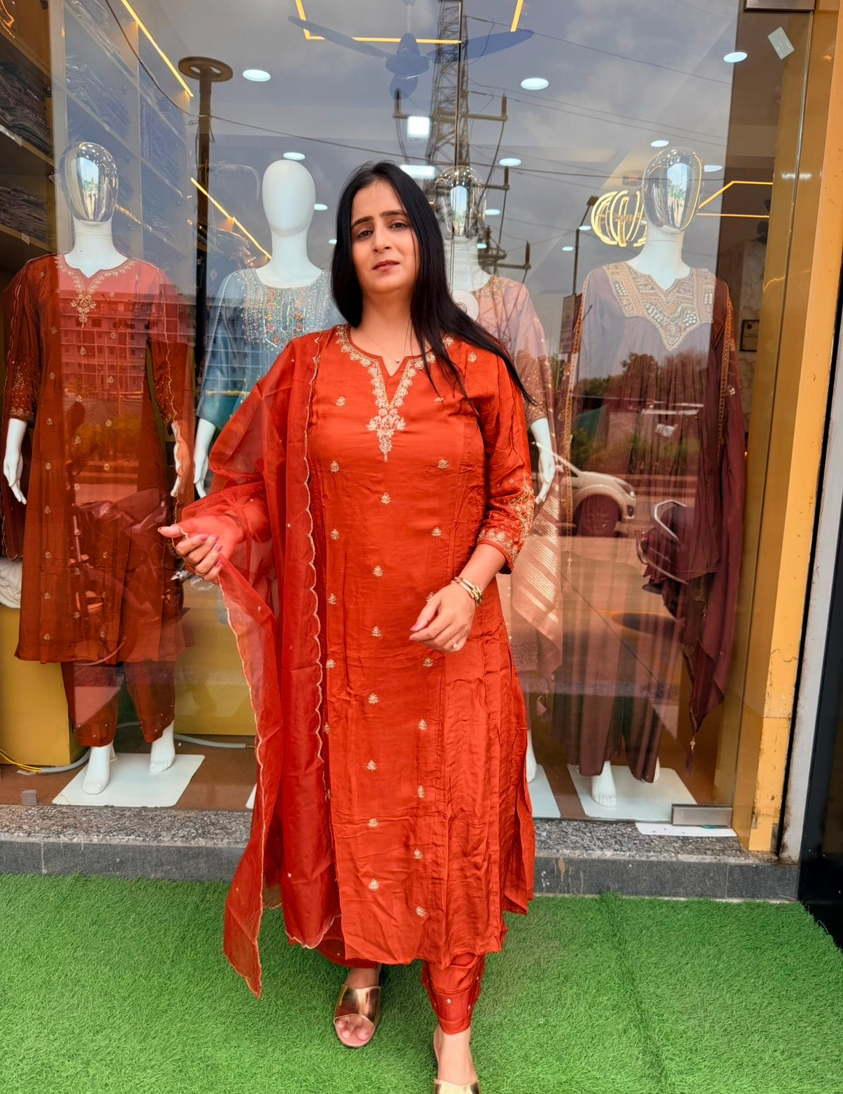 Rust Orange Royale Crape Fabric Embroidered Suit Set