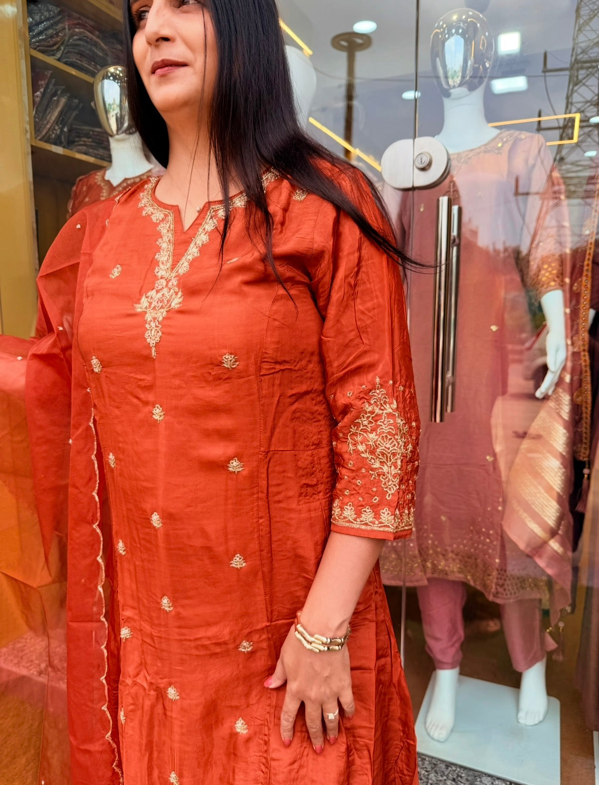 Rust Orange Royale Crape Fabric Embroidered Suit Set
