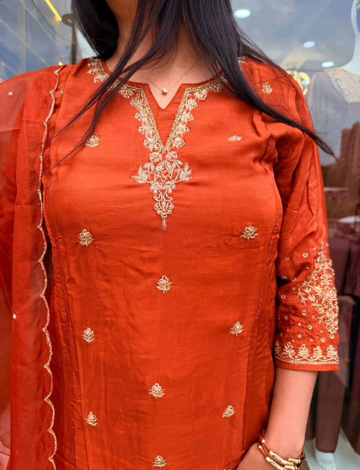 Rust Orange Royale Crape Fabric Embroidered Suit Set
