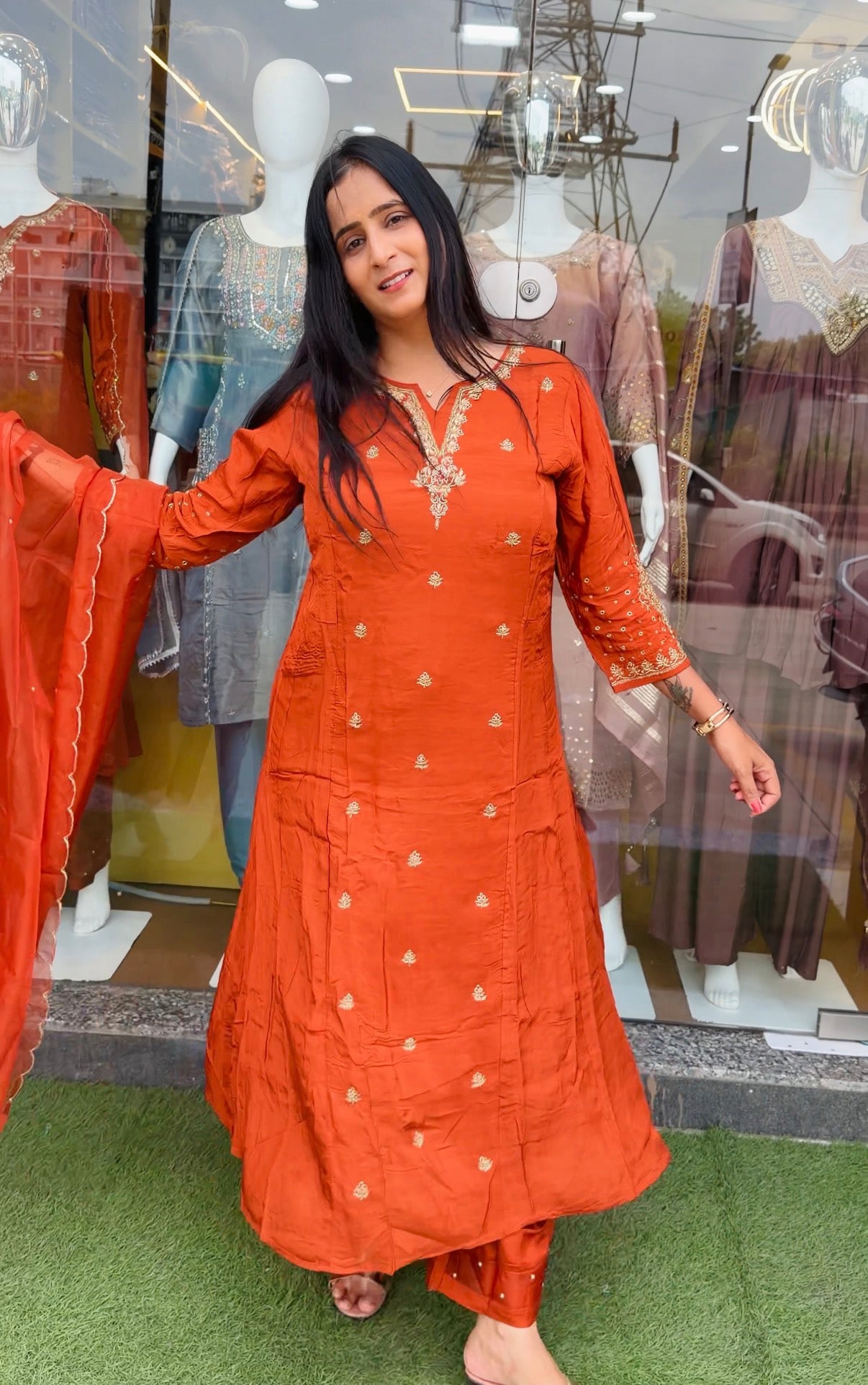 Rust Orange Royale Crape Fabric Embroidered Suit Set
