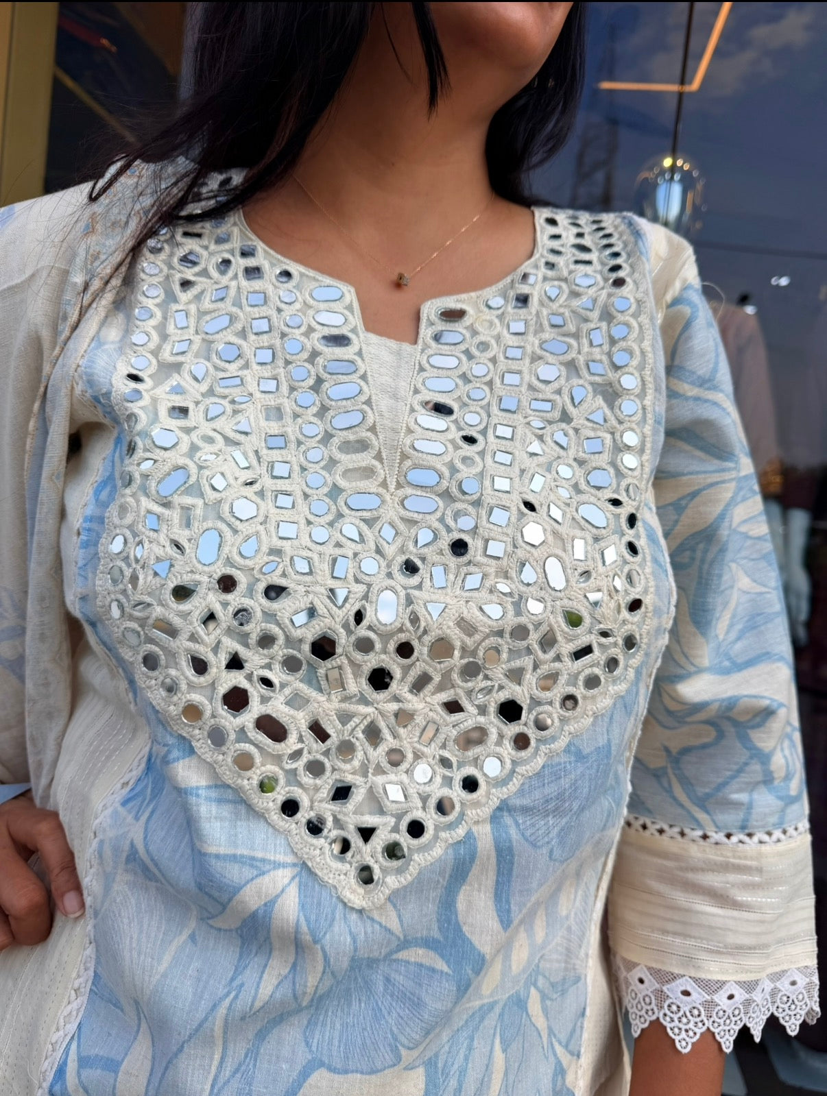 Sky Petal Embroidered Kurta Set With Farshi Salwar