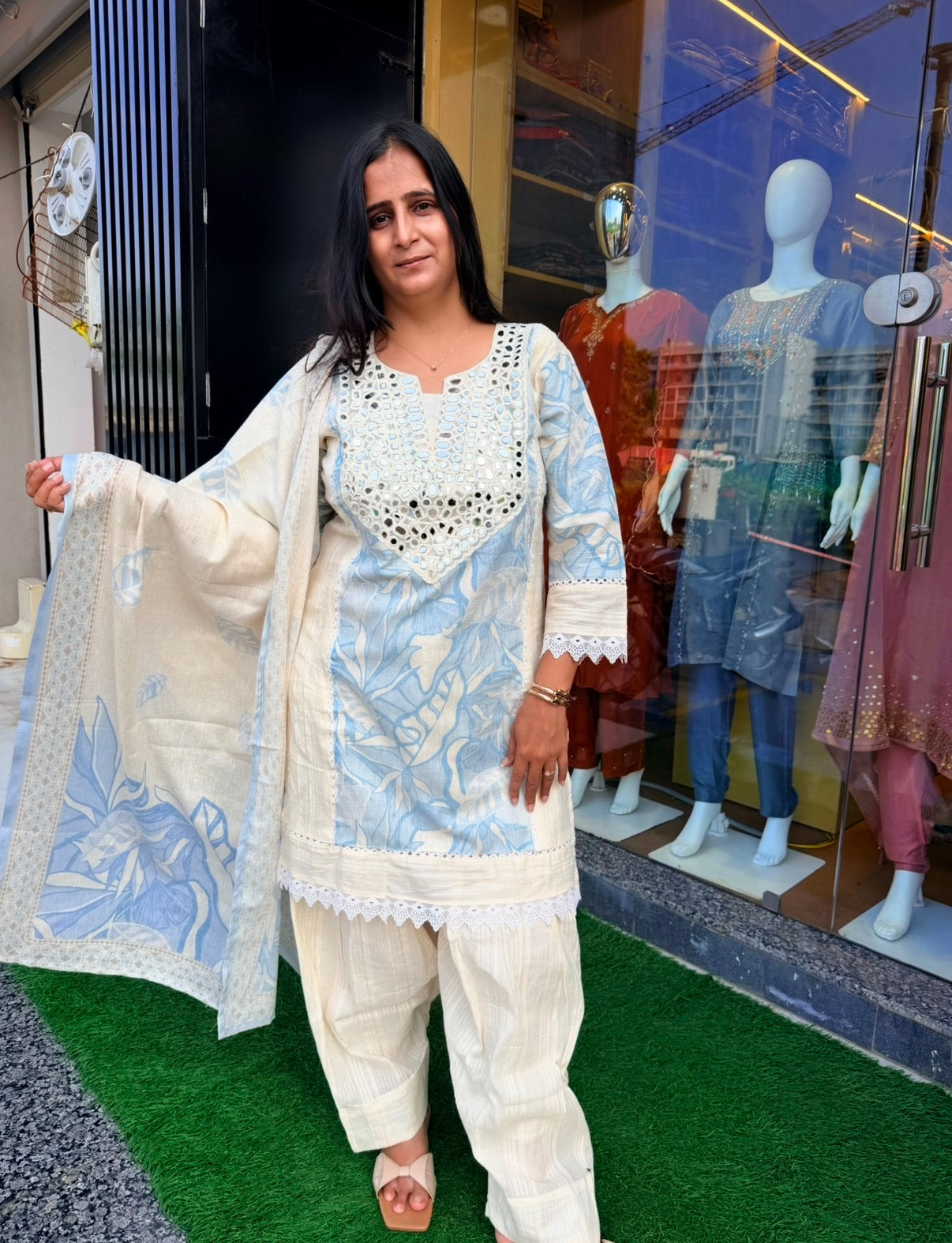 Sky Petal Embroidered Kurta Set With Farshi Salwar