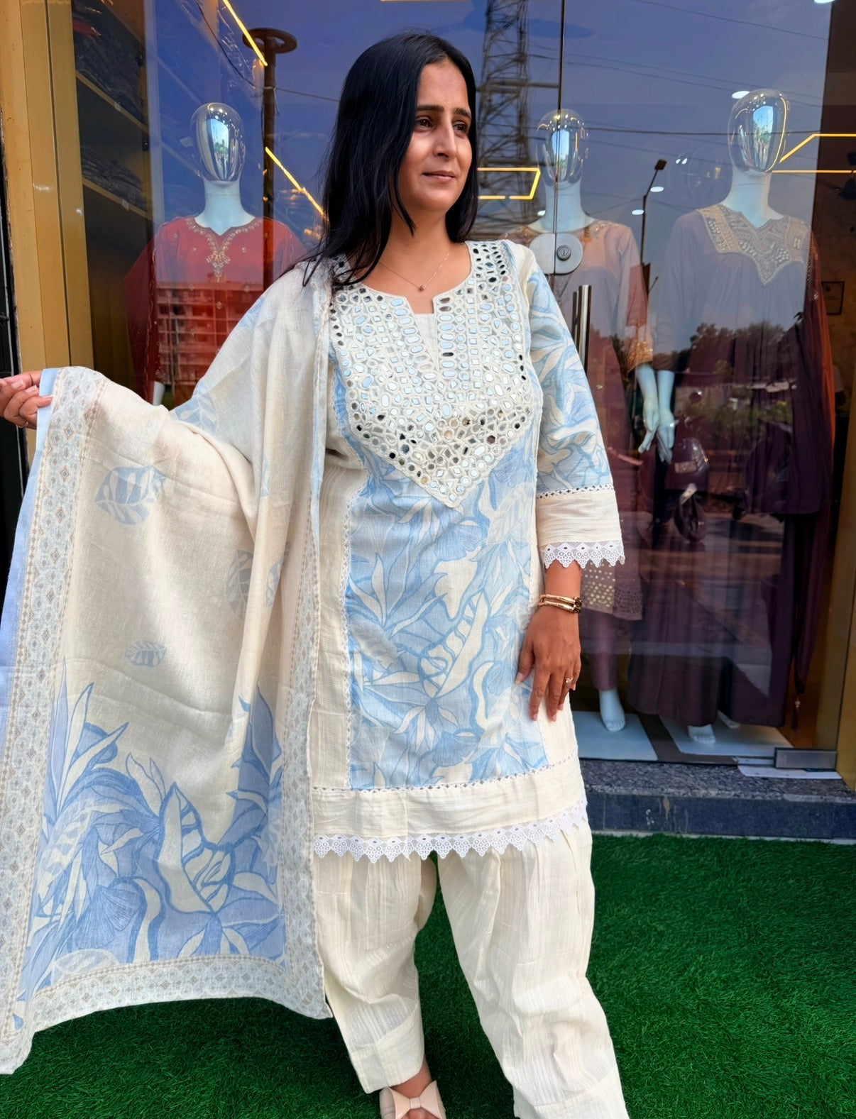 Sky Petal Embroidered Kurta Set With Farshi Salwar