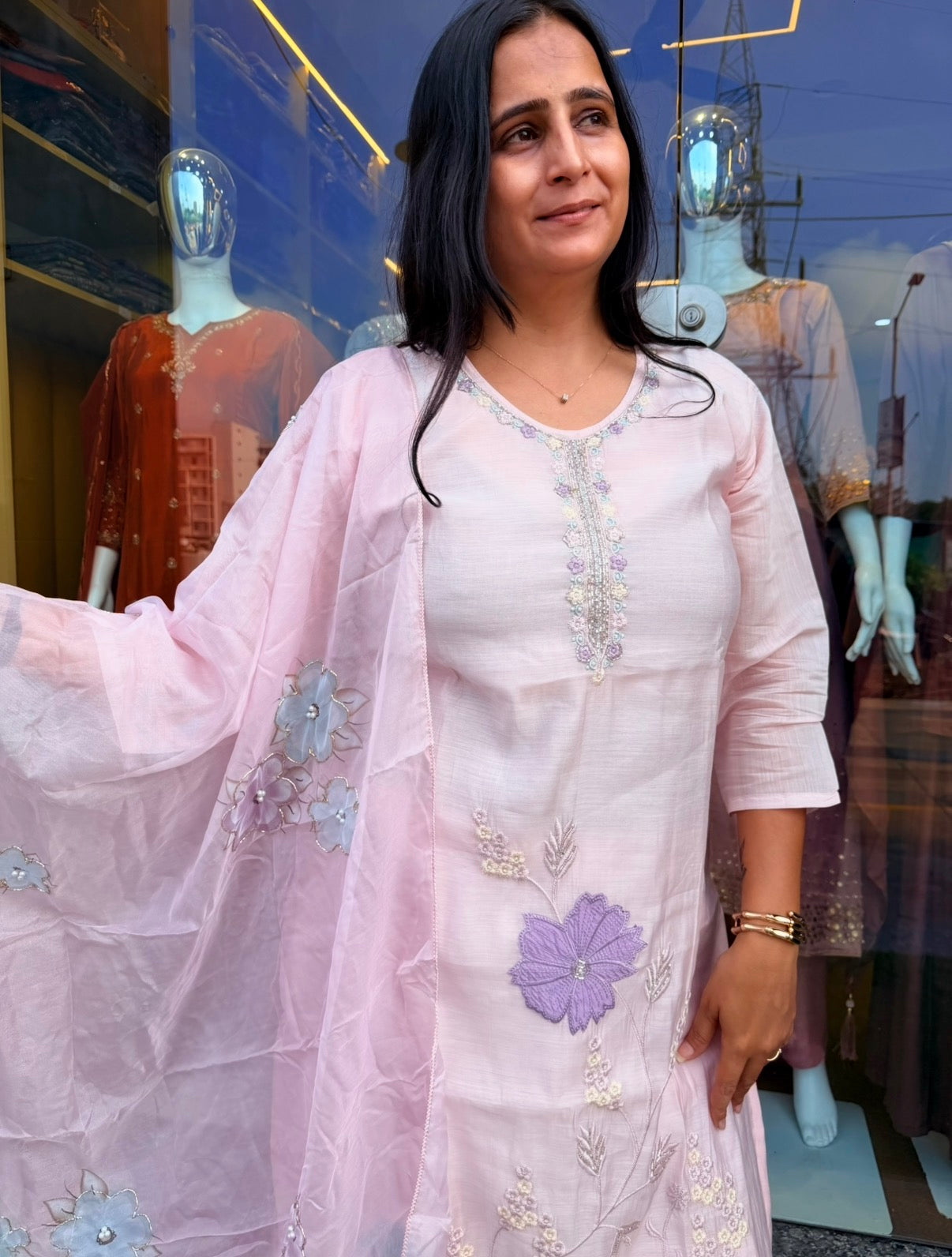 Pastel Petals Embroidered Suit
